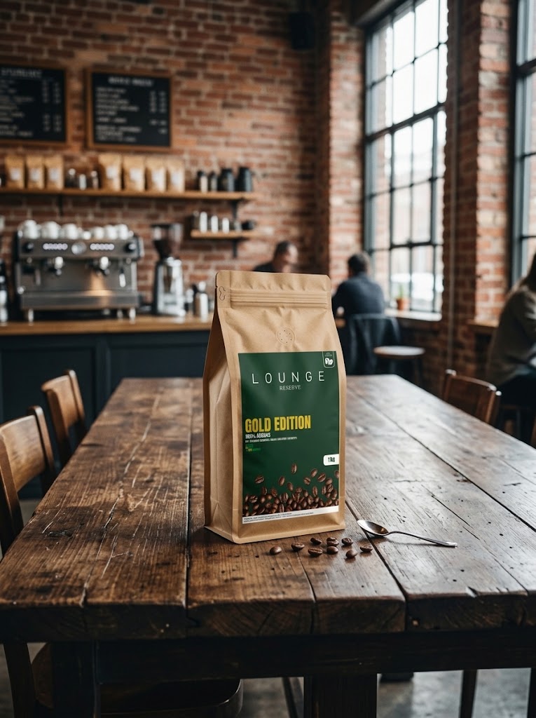 Paczka kawy Lounge Reserve Signature Blend na ladzie w salonie barberskim